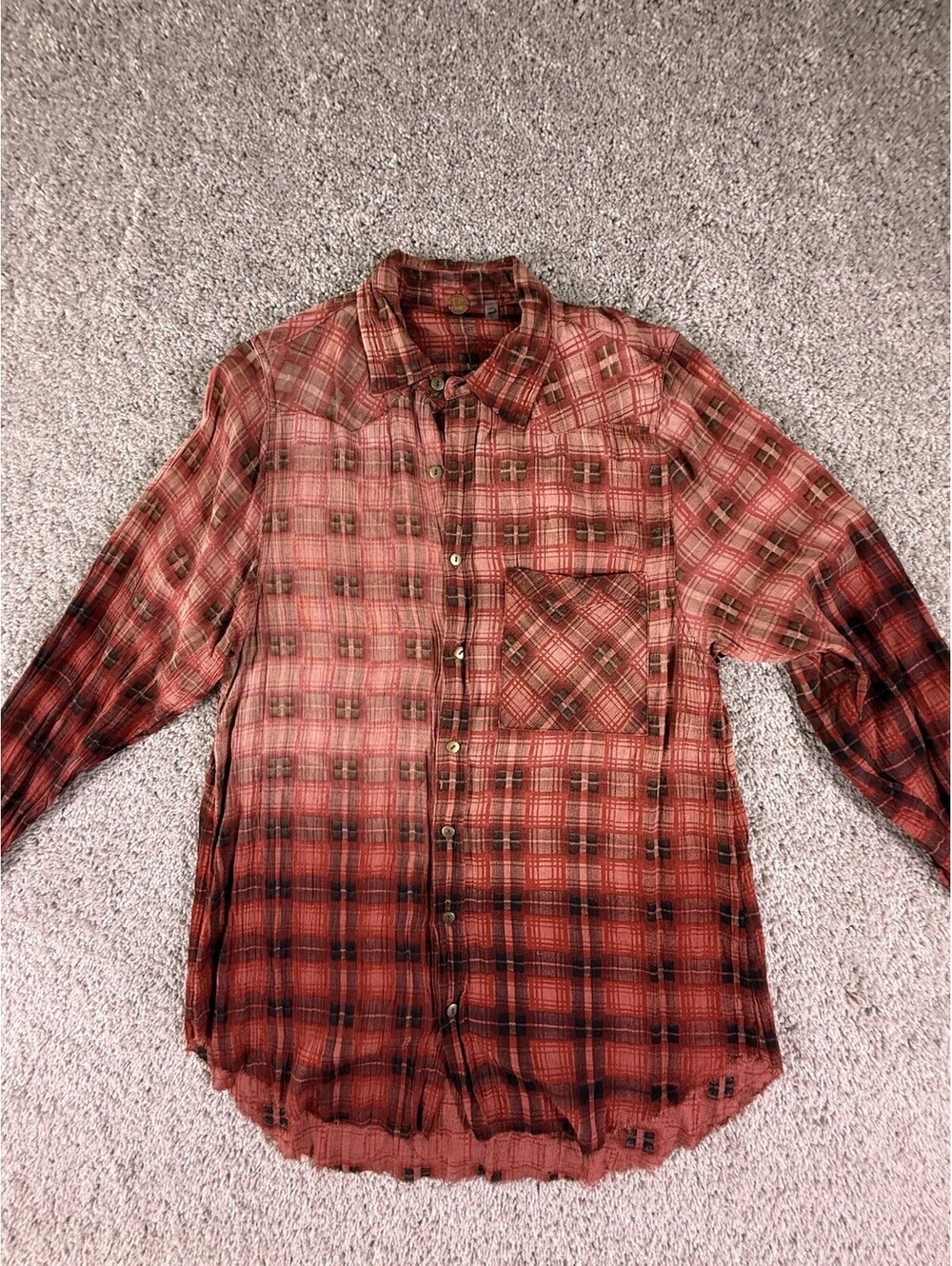 NWOT Free People Long Sleeve Boho Shirt Red Plaid Rayon Button Down XS Oversized